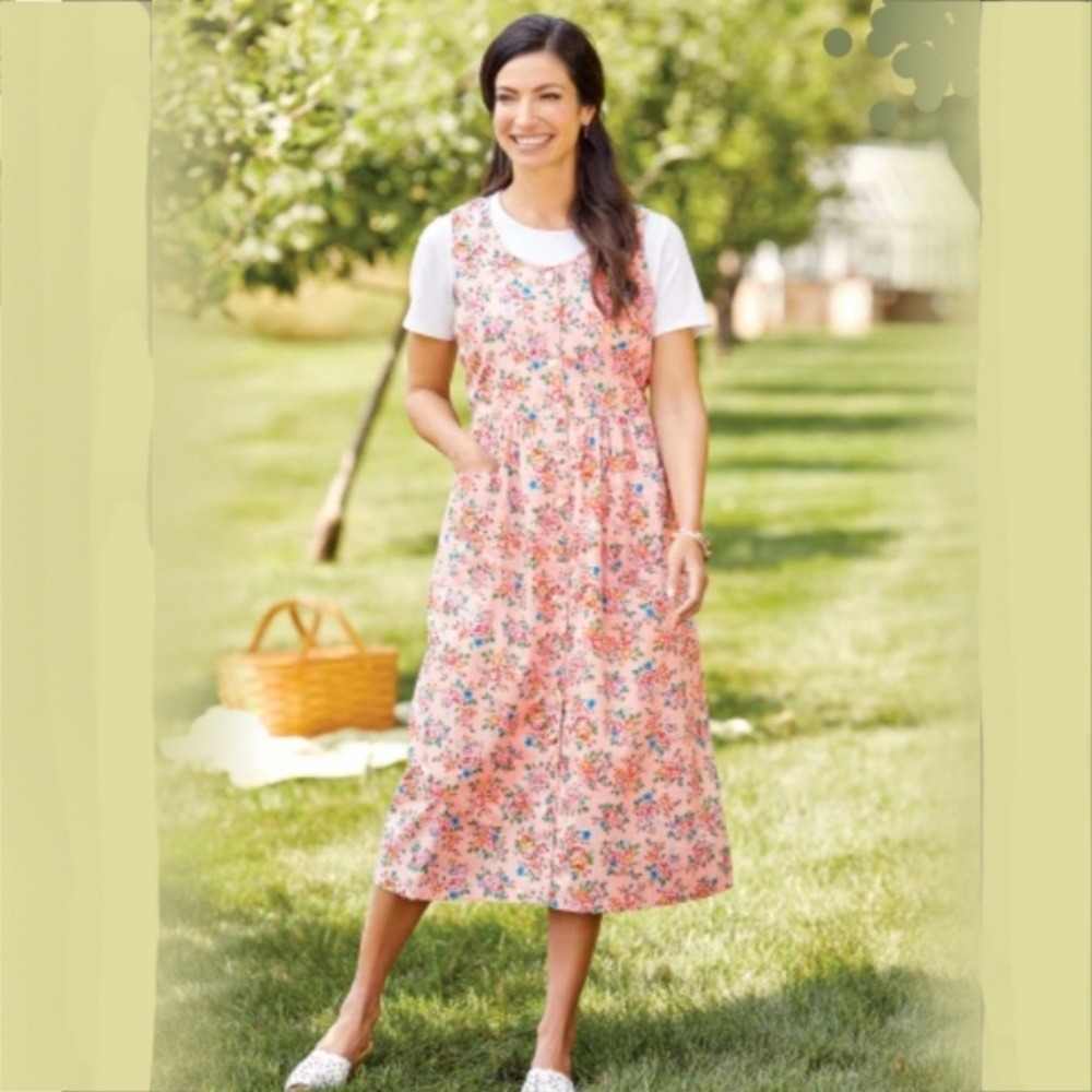 Vermont Country Store Pink Floral Cotton Button Front Midi Dress Pockets S